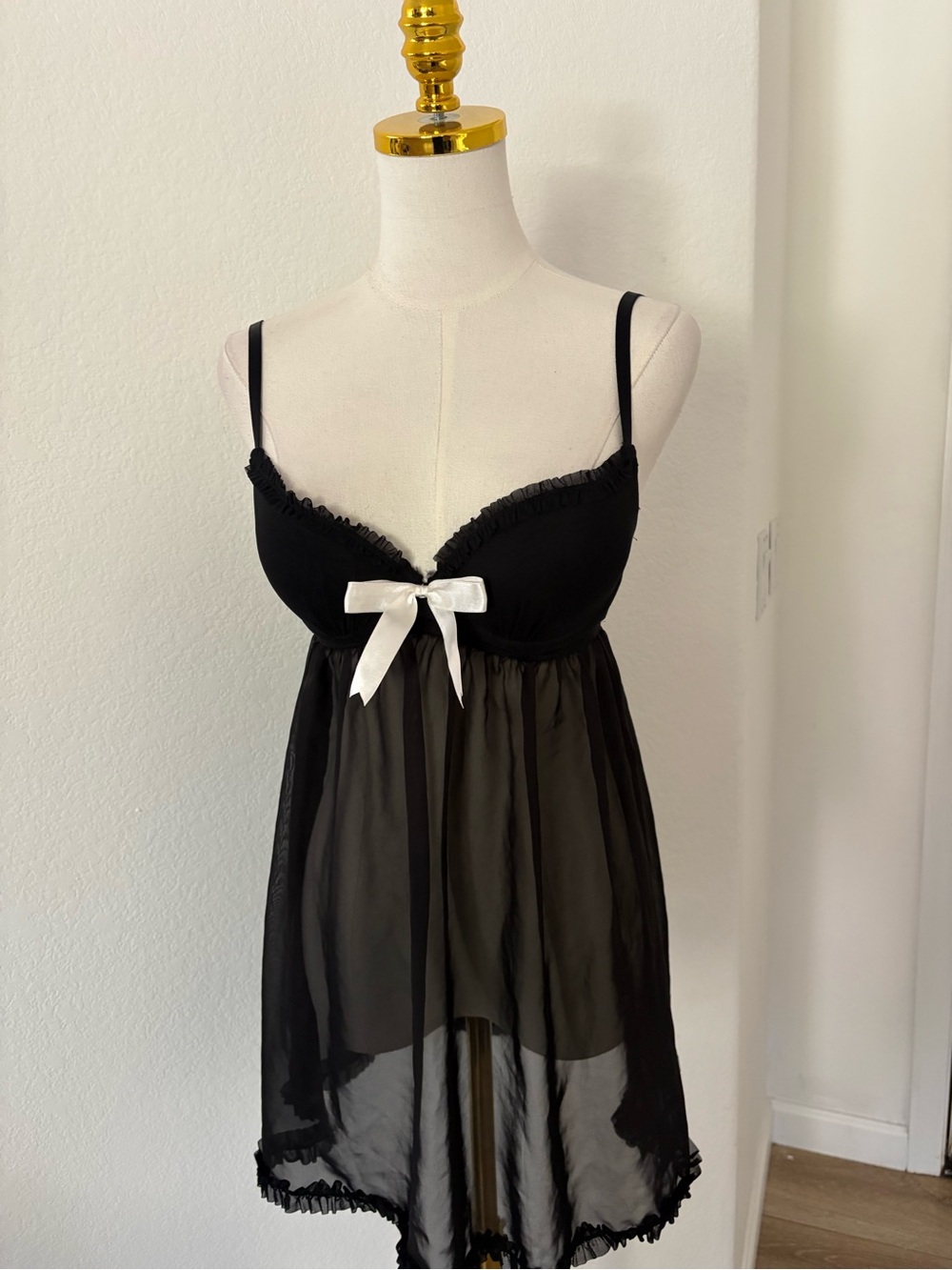 Black Sheer Babydoll Nightdress with White Bow